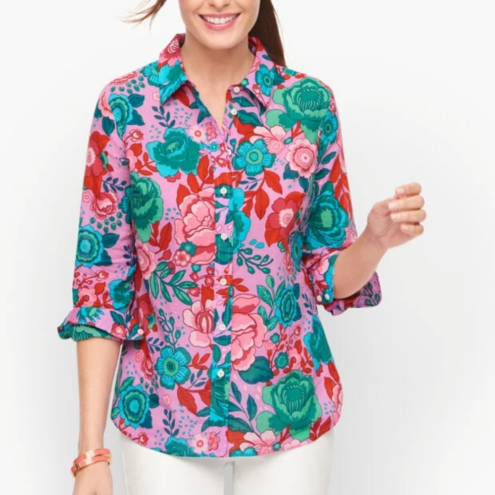 Cotton Button Front Shirt Sketch Blooms Talbot's Medium Petite 100% Cotton EUC